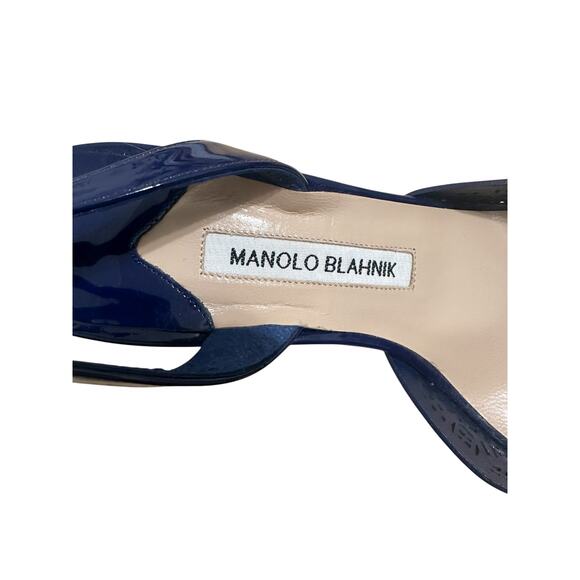 Manolo Blahnik Carolyne Navy Blue Patent Leather Pointed Toe Slingback Pump 39.5 - Picture 8 of 10